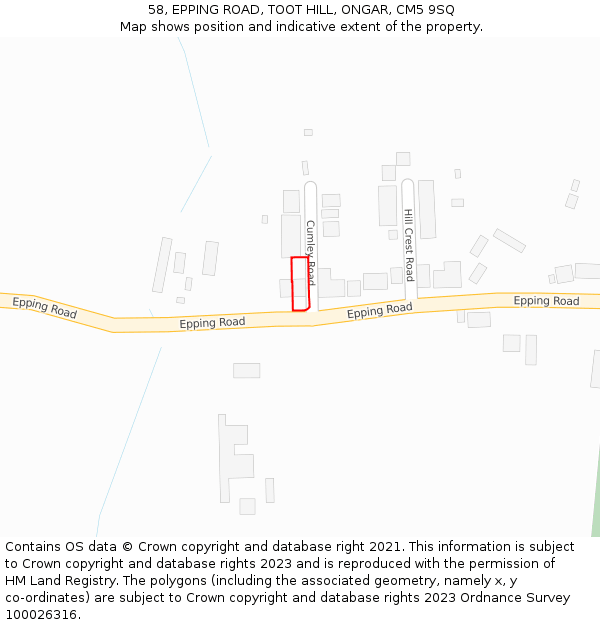 58, EPPING ROAD, TOOT HILL, ONGAR, CM5 9SQ: Location map and indicative extent of plot