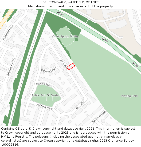 58, ETON WALK, WAKEFIELD, WF1 2FE: Location map and indicative extent of plot