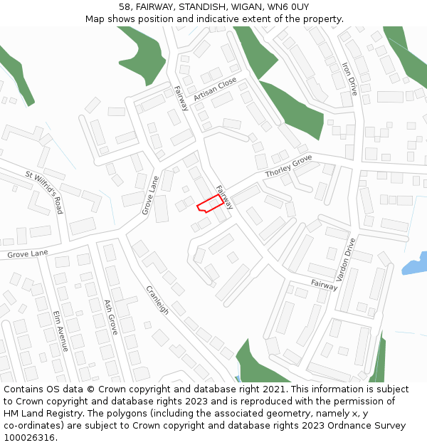 58, FAIRWAY, STANDISH, WIGAN, WN6 0UY: Location map and indicative extent of plot