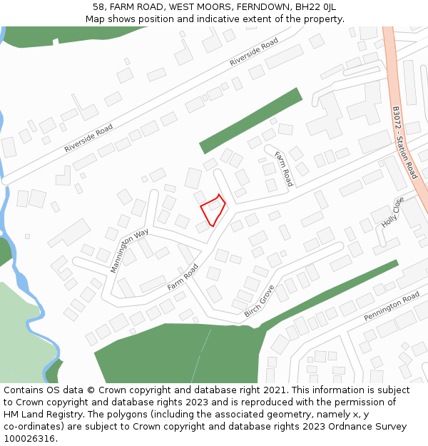 58, FARM ROAD, WEST MOORS, FERNDOWN, BH22 0JL: Location map and indicative extent of plot