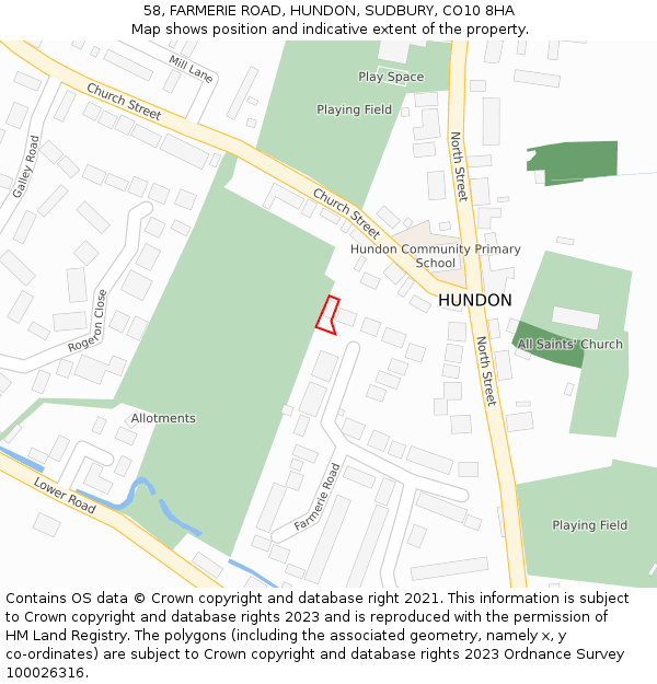 58, FARMERIE ROAD, HUNDON, SUDBURY, CO10 8HA: Location map and indicative extent of plot