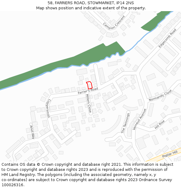 58, FARRIERS ROAD, STOWMARKET, IP14 2NS: Location map and indicative extent of plot