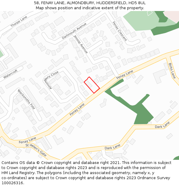 58, FENAY LANE, ALMONDBURY, HUDDERSFIELD, HD5 8UL: Location map and indicative extent of plot