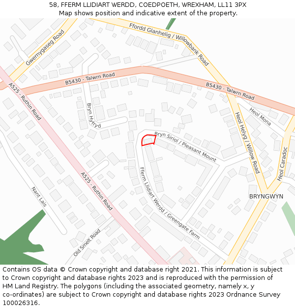 58, FFERM LLIDIART WERDD, COEDPOETH, WREXHAM, LL11 3PX: Location map and indicative extent of plot