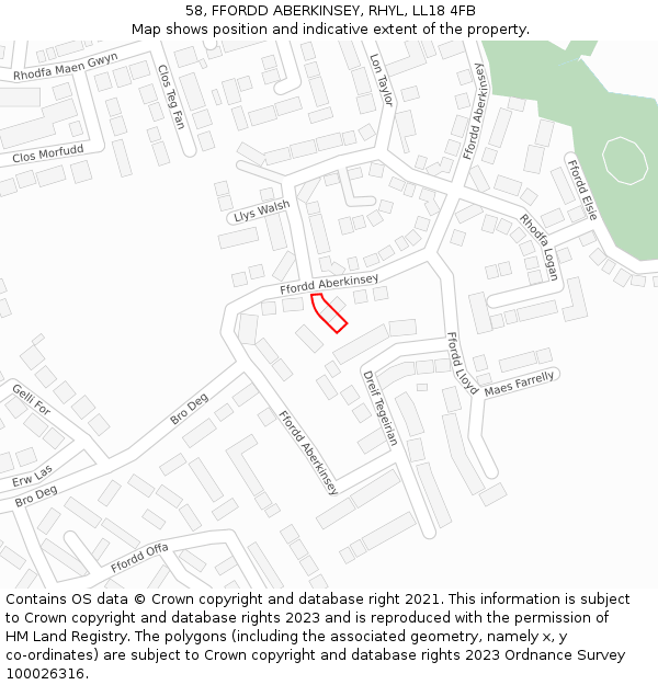 58, FFORDD ABERKINSEY, RHYL, LL18 4FB: Location map and indicative extent of plot