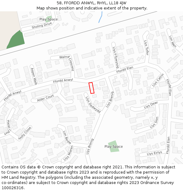 58, FFORDD ANWYL, RHYL, LL18 4JW: Location map and indicative extent of plot