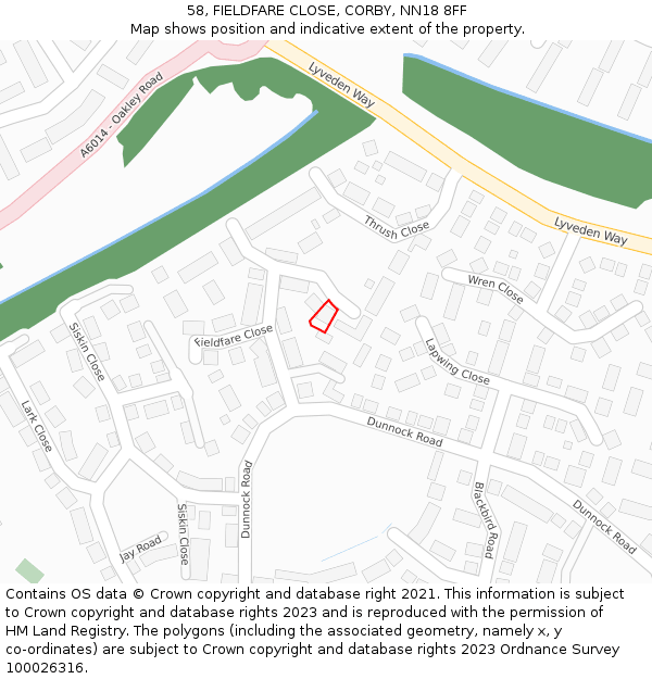58, FIELDFARE CLOSE, CORBY, NN18 8FF: Location map and indicative extent of plot