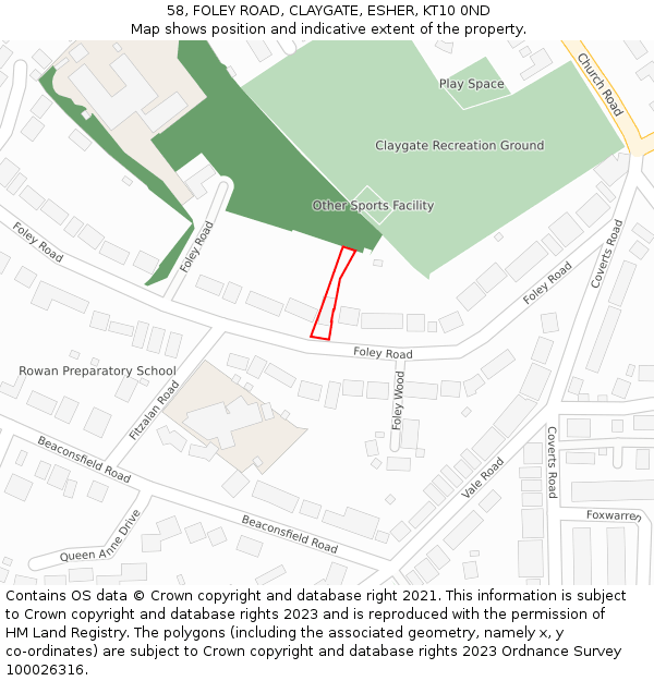 58, FOLEY ROAD, CLAYGATE, ESHER, KT10 0ND: Location map and indicative extent of plot