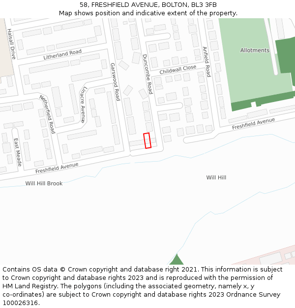 58, FRESHFIELD AVENUE, BOLTON, BL3 3FB: Location map and indicative extent of plot