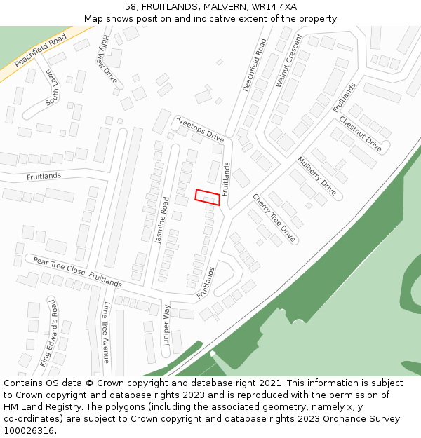 58, FRUITLANDS, MALVERN, WR14 4XA: Location map and indicative extent of plot