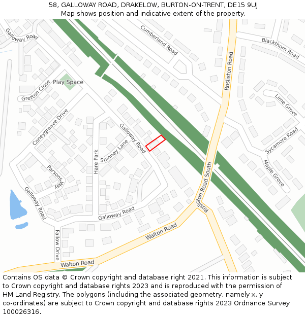 58, GALLOWAY ROAD, DRAKELOW, BURTON-ON-TRENT, DE15 9UJ: Location map and indicative extent of plot