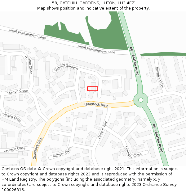 58, GATEHILL GARDENS, LUTON, LU3 4EZ: Location map and indicative extent of plot