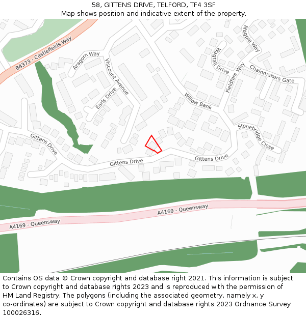 58, GITTENS DRIVE, TELFORD, TF4 3SF: Location map and indicative extent of plot