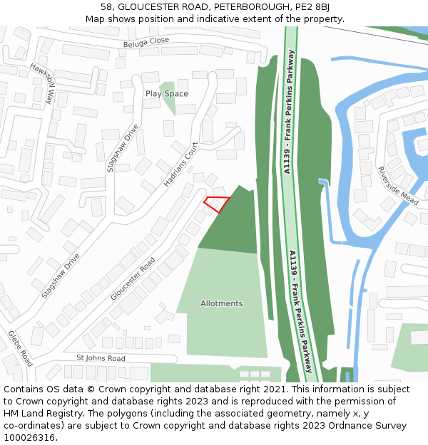 58, GLOUCESTER ROAD, PETERBOROUGH, PE2 8BJ: Location map and indicative extent of plot