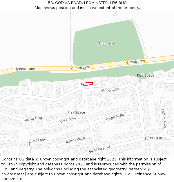 58, GODIVA ROAD, LEOMINSTER, HR6 8UQ: Location map and indicative extent of plot