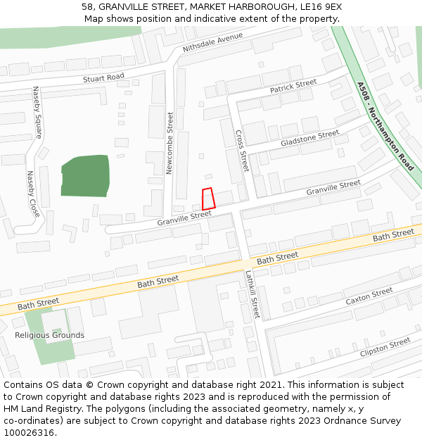58, GRANVILLE STREET, MARKET HARBOROUGH, LE16 9EX: Location map and indicative extent of plot