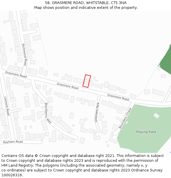 58, GRASMERE ROAD, WHITSTABLE, CT5 3NA: Location map and indicative extent of plot