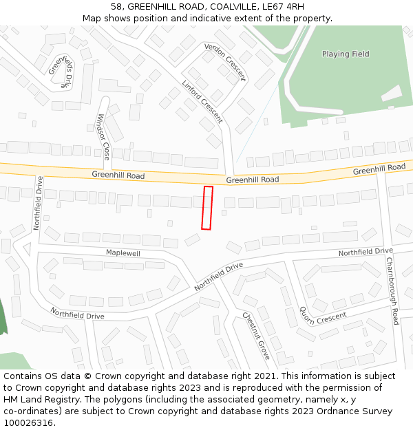 58, GREENHILL ROAD, COALVILLE, LE67 4RH: Location map and indicative extent of plot