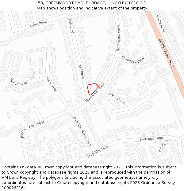 58, GREENMOOR ROAD, BURBAGE, HINCKLEY, LE10 2LT: Location map and indicative extent of plot