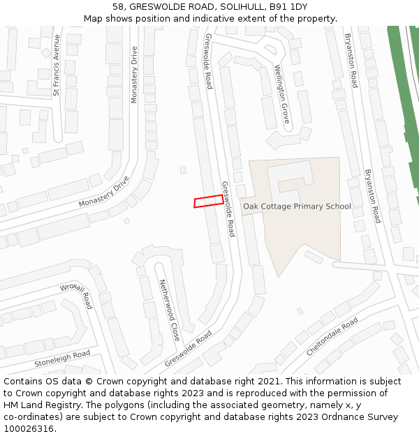 58, GRESWOLDE ROAD, SOLIHULL, B91 1DY: Location map and indicative extent of plot