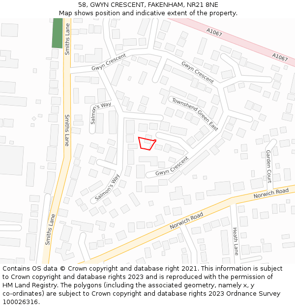 58, GWYN CRESCENT, FAKENHAM, NR21 8NE: Location map and indicative extent of plot