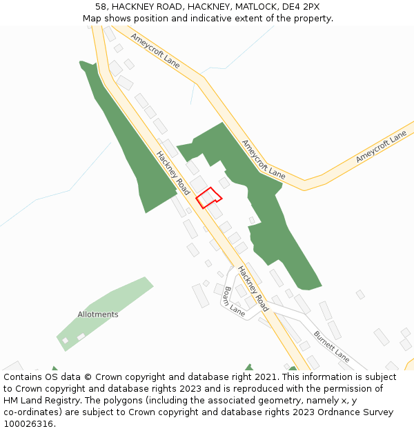 58, HACKNEY ROAD, HACKNEY, MATLOCK, DE4 2PX: Location map and indicative extent of plot