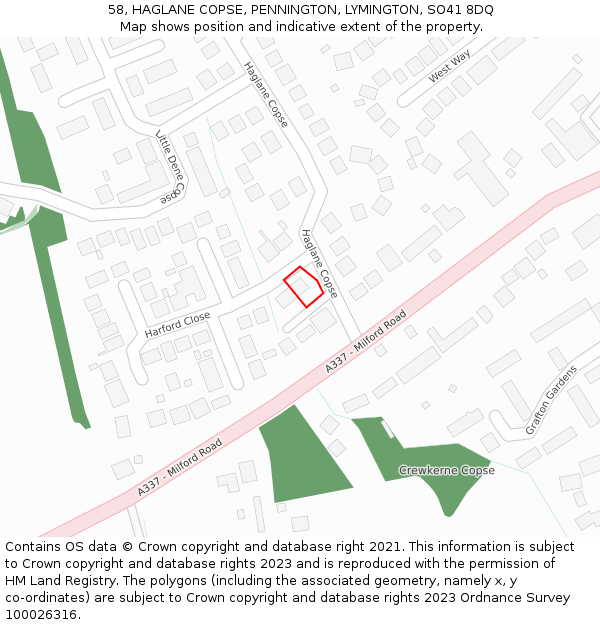 58, HAGLANE COPSE, PENNINGTON, LYMINGTON, SO41 8DQ: Location map and indicative extent of plot