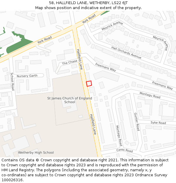 58, HALLFIELD LANE, WETHERBY, LS22 6JT: Location map and indicative extent of plot