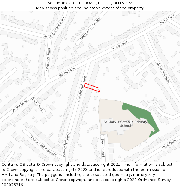 58, HARBOUR HILL ROAD, POOLE, BH15 3PZ: Location map and indicative extent of plot