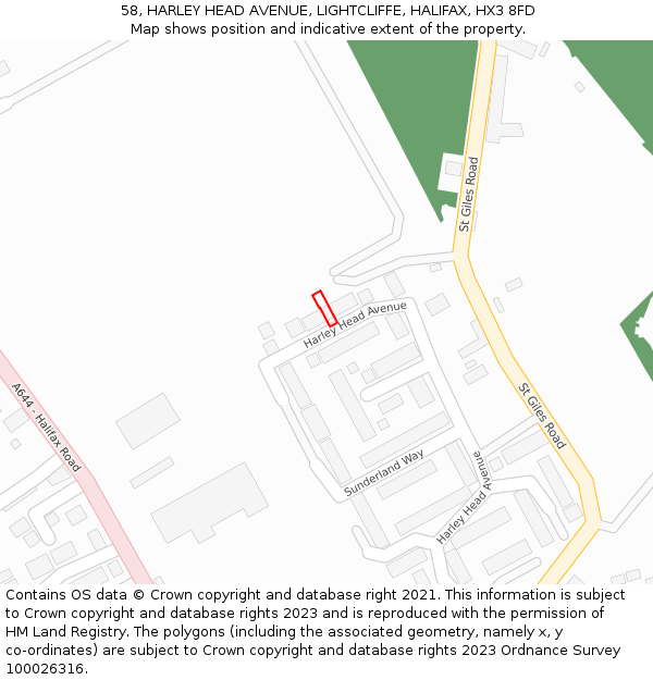 58, HARLEY HEAD AVENUE, LIGHTCLIFFE, HALIFAX, HX3 8FD: Location map and indicative extent of plot