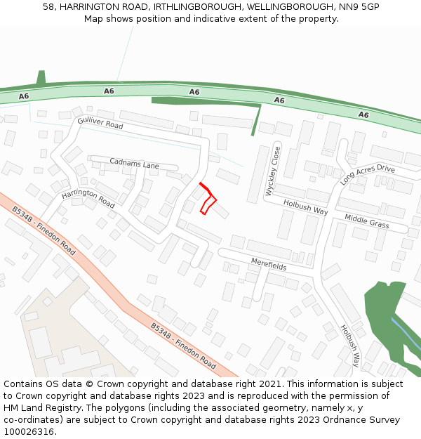 58, HARRINGTON ROAD, IRTHLINGBOROUGH, WELLINGBOROUGH, NN9 5GP: Location map and indicative extent of plot