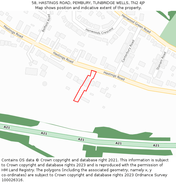 58, HASTINGS ROAD, PEMBURY, TUNBRIDGE WELLS, TN2 4JP: Location map and indicative extent of plot