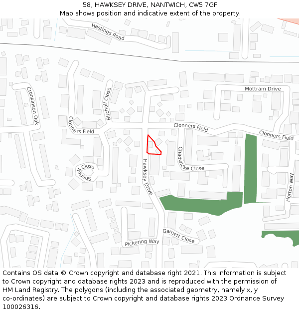 58, HAWKSEY DRIVE, NANTWICH, CW5 7GF: Location map and indicative extent of plot