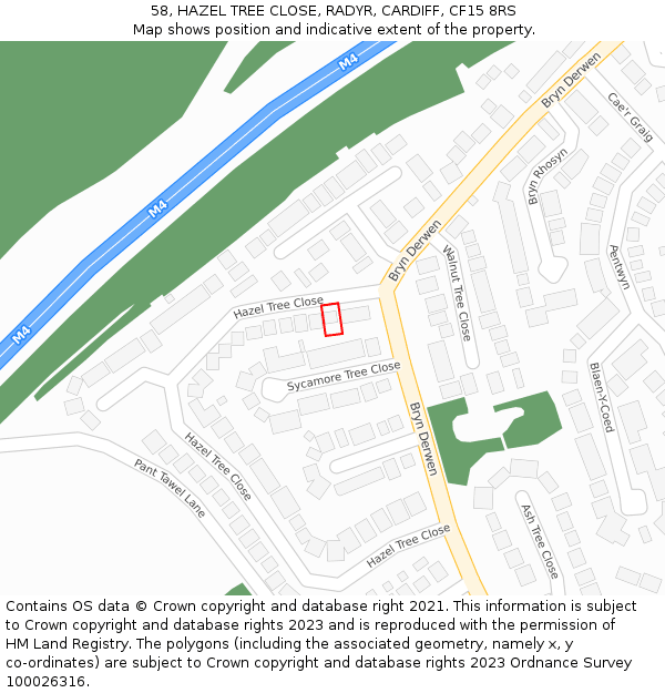 58, HAZEL TREE CLOSE, RADYR, CARDIFF, CF15 8RS: Location map and indicative extent of plot