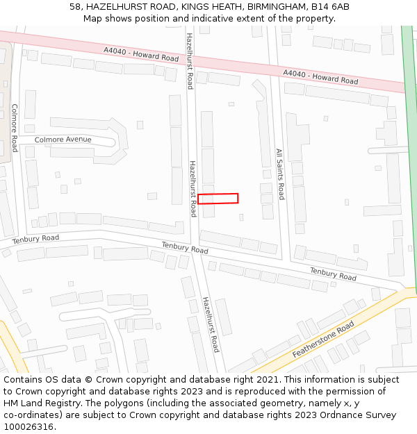 58, HAZELHURST ROAD, KINGS HEATH, BIRMINGHAM, B14 6AB: Location map and indicative extent of plot