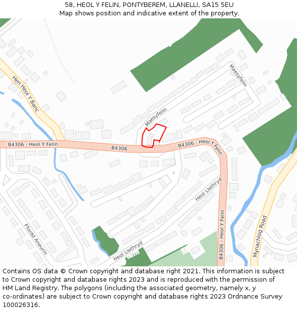 58, HEOL Y FELIN, PONTYBEREM, LLANELLI, SA15 5EU: Location map and indicative extent of plot