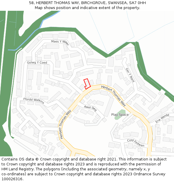 58, HERBERT THOMAS WAY, BIRCHGROVE, SWANSEA, SA7 0HH: Location map and indicative extent of plot