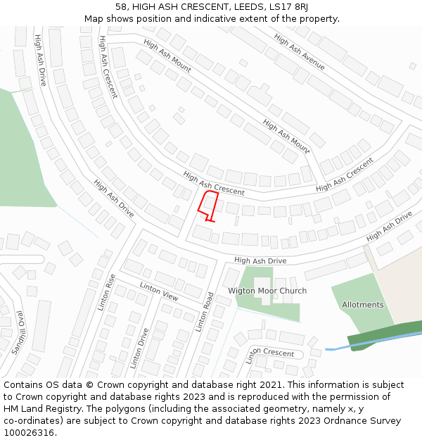 58, HIGH ASH CRESCENT, LEEDS, LS17 8RJ: Location map and indicative extent of plot