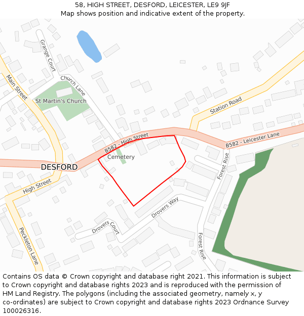 58, HIGH STREET, DESFORD, LEICESTER, LE9 9JF: Location map and indicative extent of plot