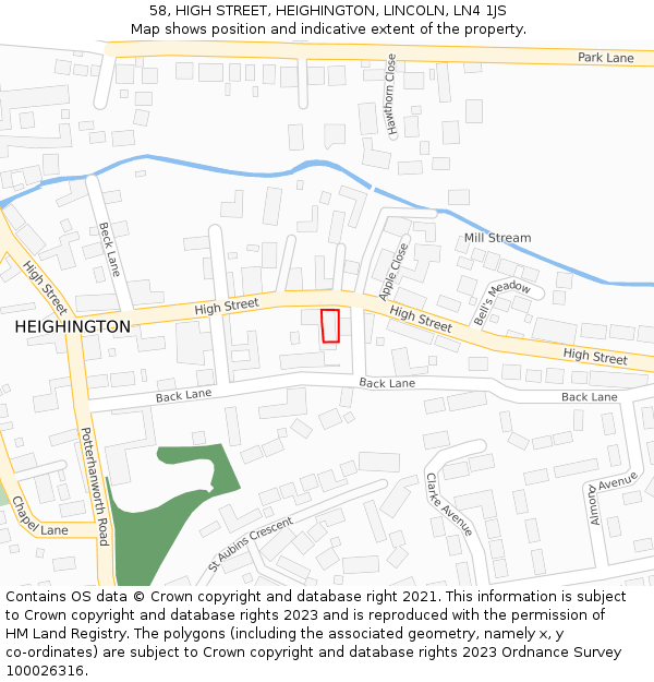 58, HIGH STREET, HEIGHINGTON, LINCOLN, LN4 1JS: Location map and indicative extent of plot