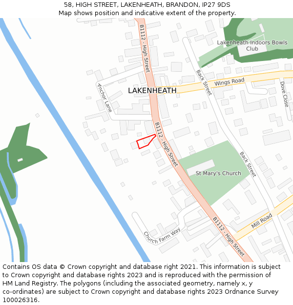 58, HIGH STREET, LAKENHEATH, BRANDON, IP27 9DS: Location map and indicative extent of plot