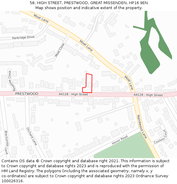 58, HIGH STREET, PRESTWOOD, GREAT MISSENDEN, HP16 9EN: Location map and indicative extent of plot