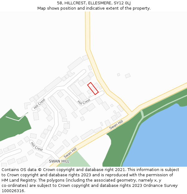 58, HILLCREST, ELLESMERE, SY12 0LJ: Location map and indicative extent of plot