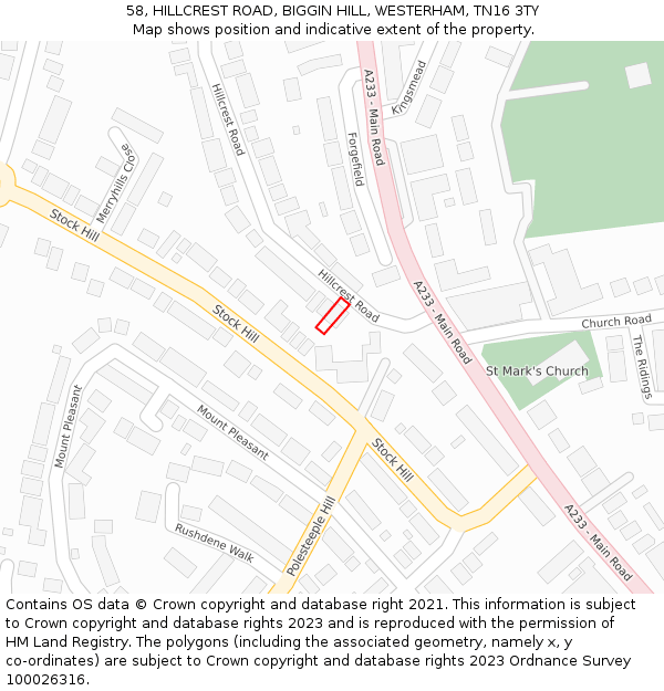 58, HILLCREST ROAD, BIGGIN HILL, WESTERHAM, TN16 3TY: Location map and indicative extent of plot