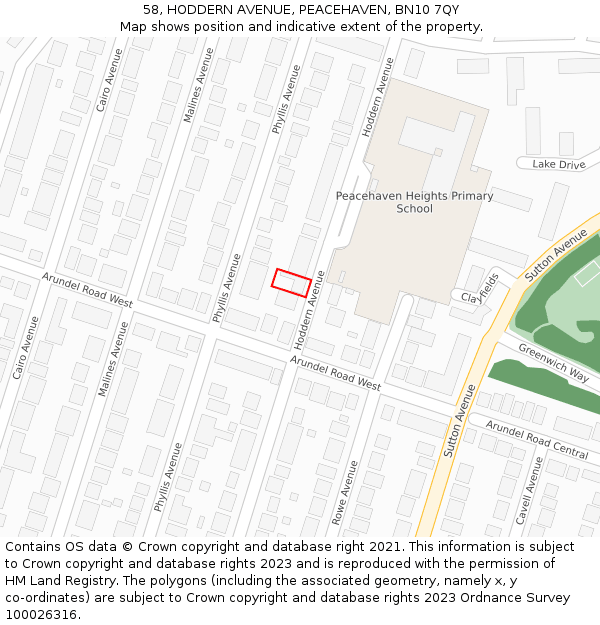 58, HODDERN AVENUE, PEACEHAVEN, BN10 7QY: Location map and indicative extent of plot