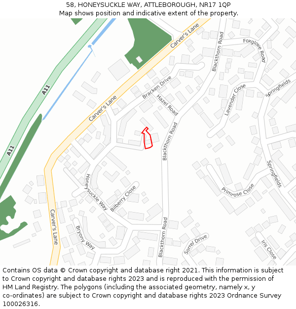 58, HONEYSUCKLE WAY, ATTLEBOROUGH, NR17 1QP: Location map and indicative extent of plot