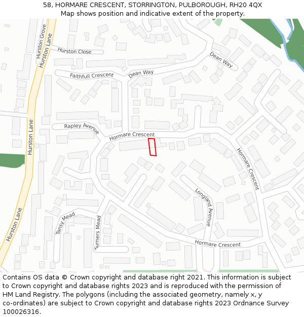 58, HORMARE CRESCENT, STORRINGTON, PULBOROUGH, RH20 4QX: Location map and indicative extent of plot