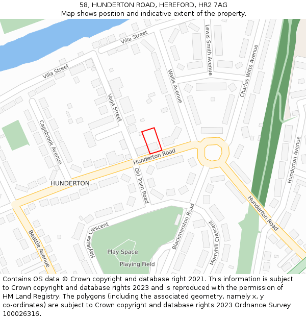 58, HUNDERTON ROAD, HEREFORD, HR2 7AG: Location map and indicative extent of plot