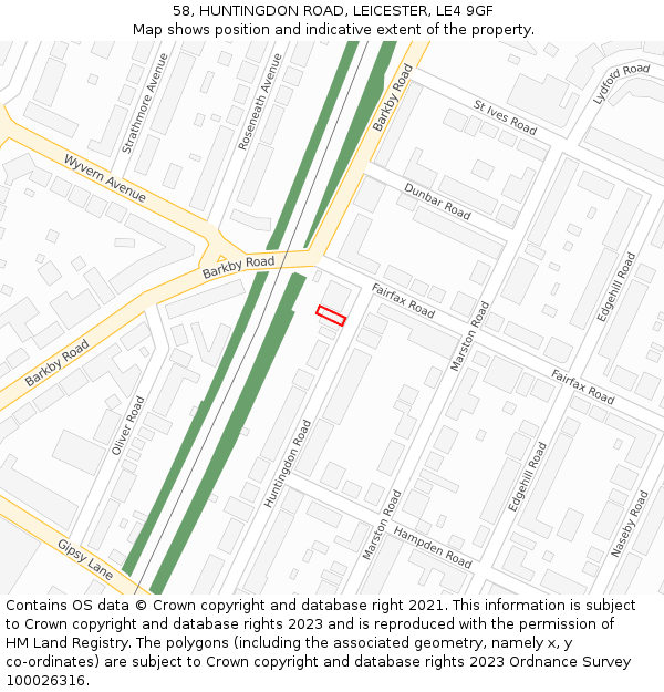 58, HUNTINGDON ROAD, LEICESTER, LE4 9GF: Location map and indicative extent of plot