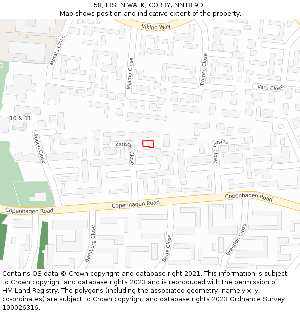 58, IBSEN WALK, CORBY, NN18 9DF: Location map and indicative extent of plot